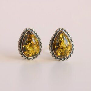 Baltic Green Amber Pear Cut Clip On Earrings in Sterling Silver